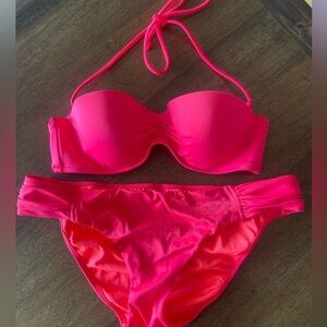 Victoria’s Secret Bright Pink Coral Bathing Swimsuit Bikini Top 34B Bottoms Med